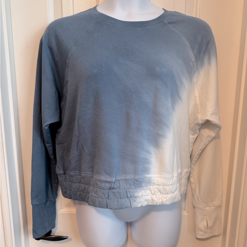 JOY LAB Blue & White Lightweight Sweatshirt Crewneck Thumbhole Cuffs, Large